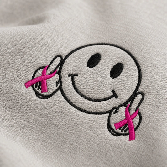 Hey Pink Ribbon Smiley Embroidered Unisex Crewneck Sweatshirt, Awareness Gift