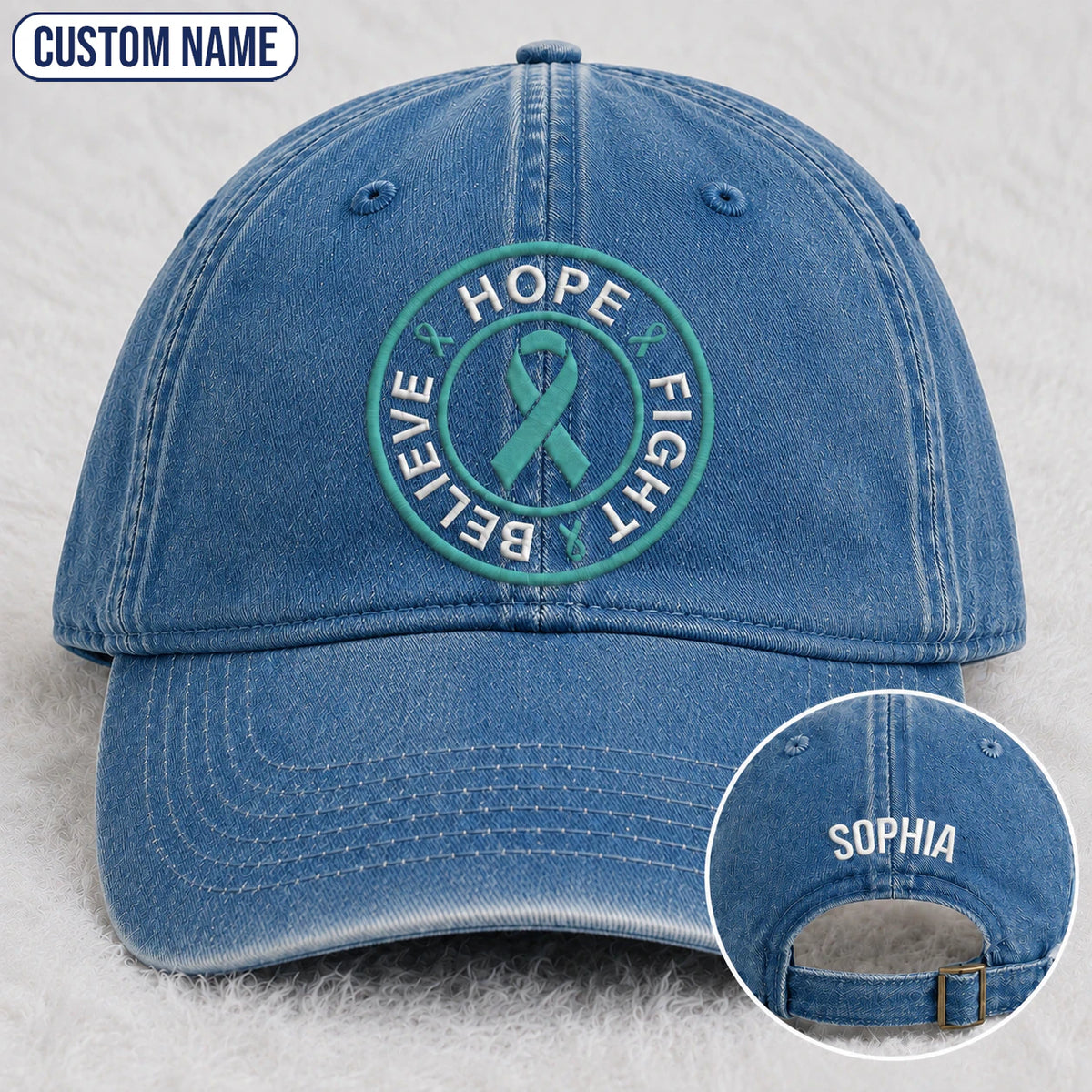 Personalized Believe Hope And Fight Teal Ribbon Embroidered Washed Cap