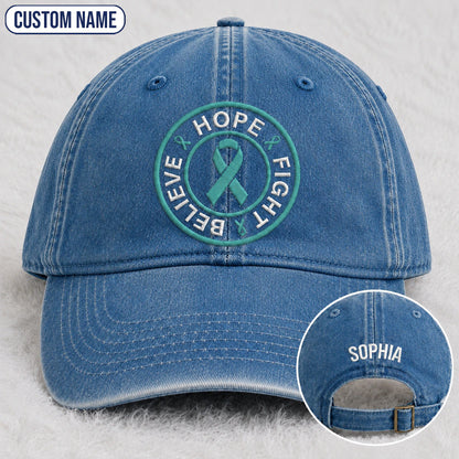 Personalized Believe Hope And Fight Teal Ribbon Embroidered Washed Cap