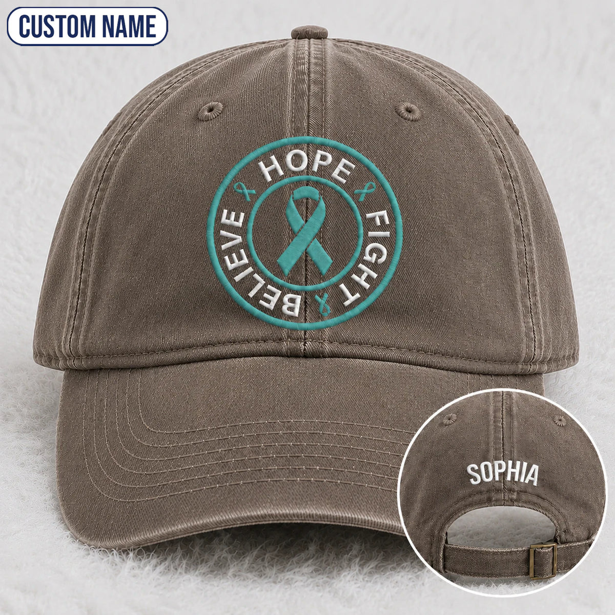 Personalized Believe Hope And Fight Teal Ribbon Embroidered Washed Cap