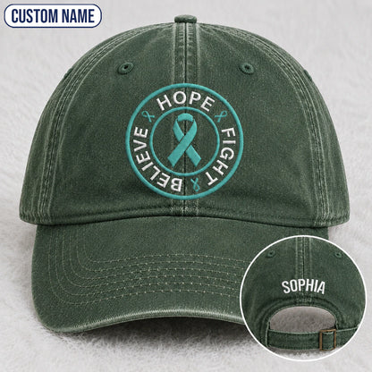 Personalized Believe Hope And Fight Teal Ribbon Embroidered Washed Cap