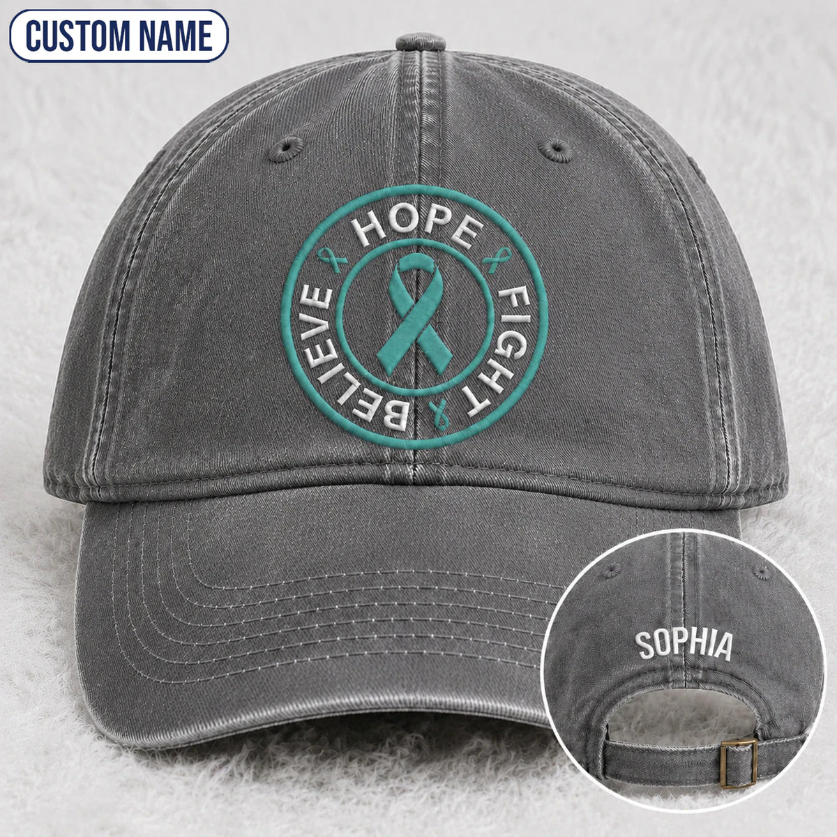 Personalized Believe Hope And Fight Teal Ribbon Embroidered Washed Cap