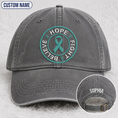 Personalized Believe Hope And Fight Teal Ribbon Embroidered Washed Cap