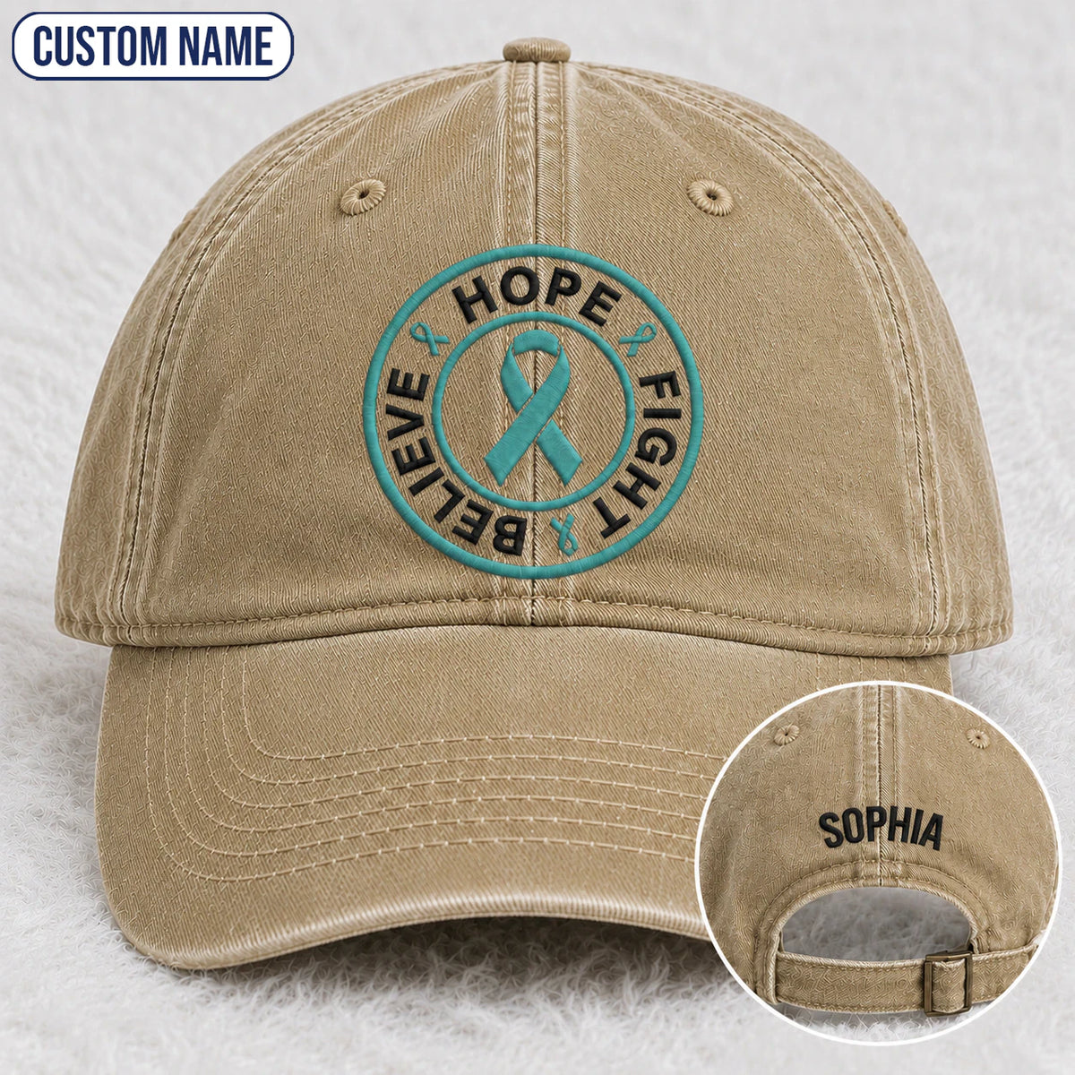 Personalized Believe Hope And Fight Teal Ribbon Embroidered Washed Cap