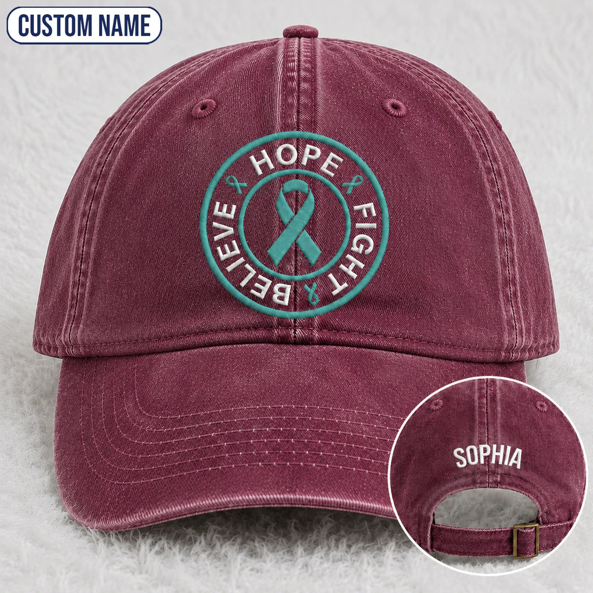 Personalized Believe Hope And Fight Teal Ribbon Embroidered Washed Cap
