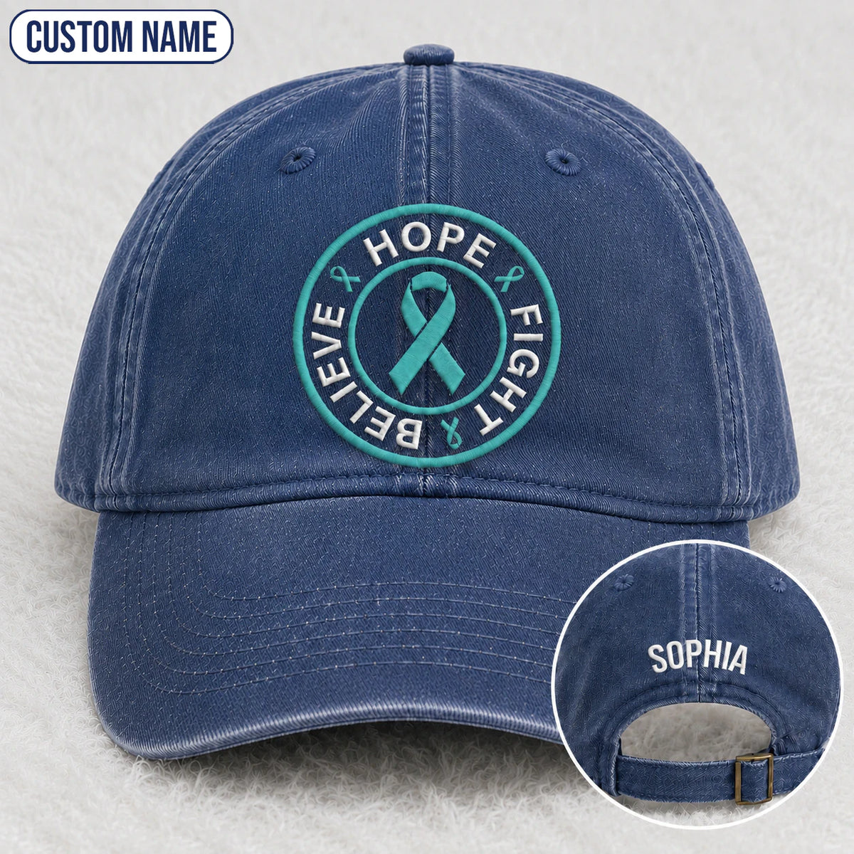 Personalized Believe Hope And Fight Teal Ribbon Embroidered Washed Cap