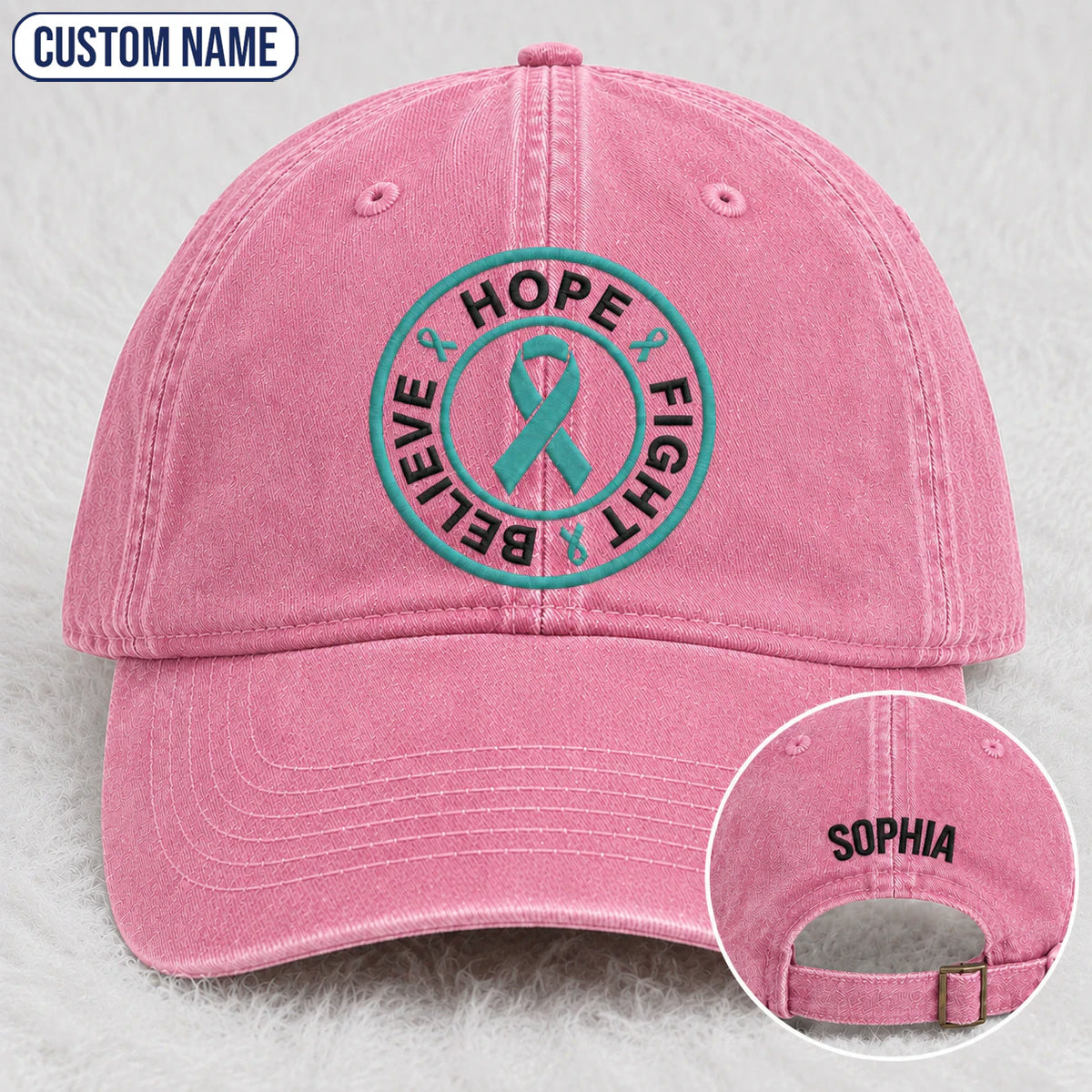 Personalized Believe Hope And Fight Teal Ribbon Embroidered Washed Cap