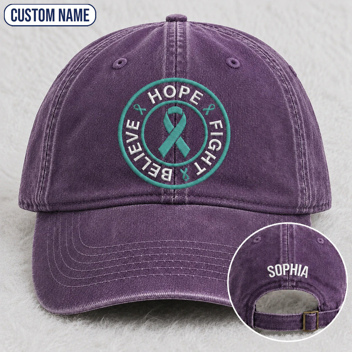 Personalized Believe Hope And Fight Teal Ribbon Embroidered Washed Cap