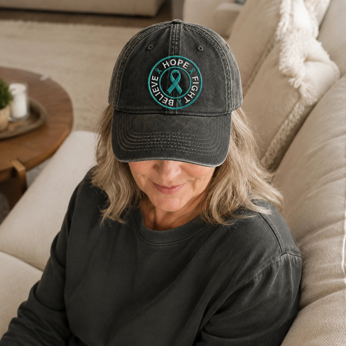 Personalized Believe Hope And Fight Teal Ribbon Embroidered Washed Cap