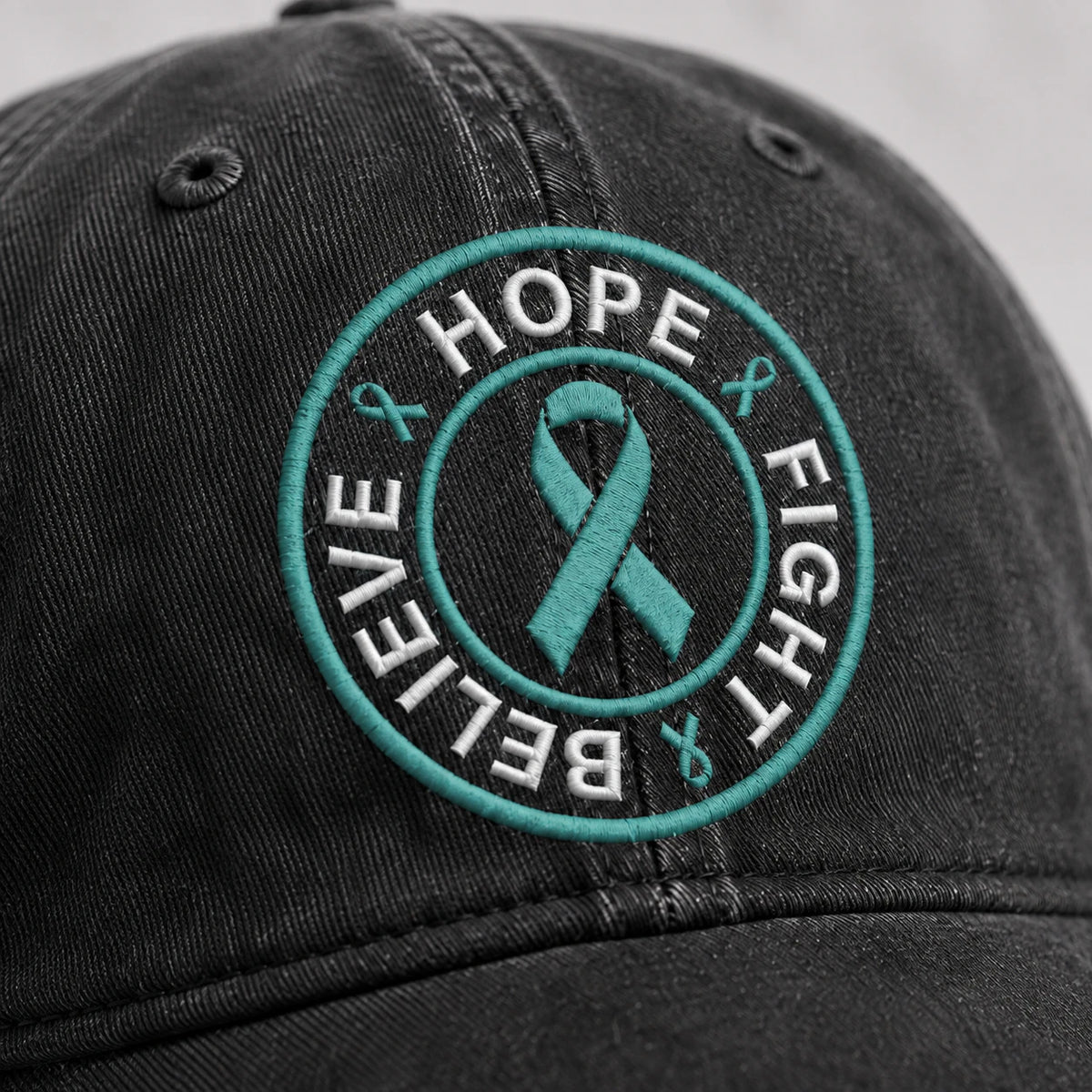 Personalized Believe Hope And Fight Teal Ribbon Embroidered Washed Cap