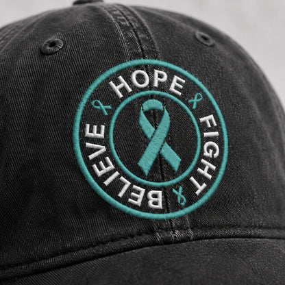 Personalized Believe Hope And Fight Teal Ribbon Embroidered Washed Cap