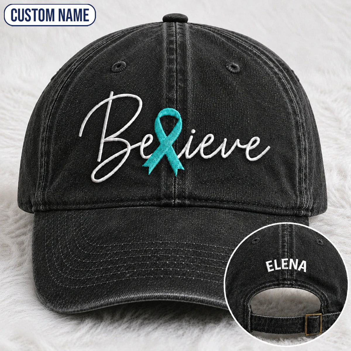 Personalized Believe Teal Ribbon Embroidered Washed Cap