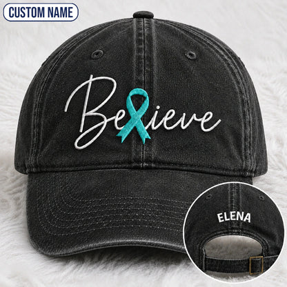 Personalized Believe Teal Ribbon Embroidered Washed Cap