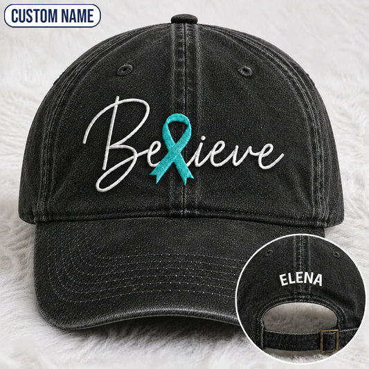 Personalized Believe Teal Ribbon Embroidered Washed Cap