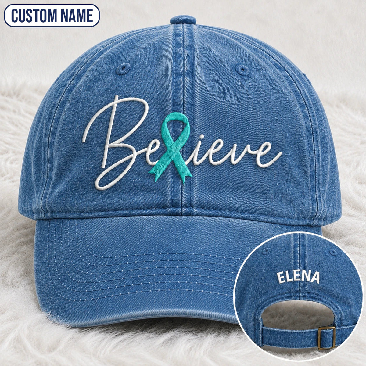 Personalized Believe Teal Ribbon Embroidered Washed Cap