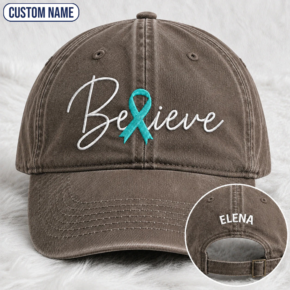 Personalized Believe Teal Ribbon Embroidered Washed Cap