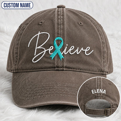 Personalized Believe Teal Ribbon Embroidered Washed Cap