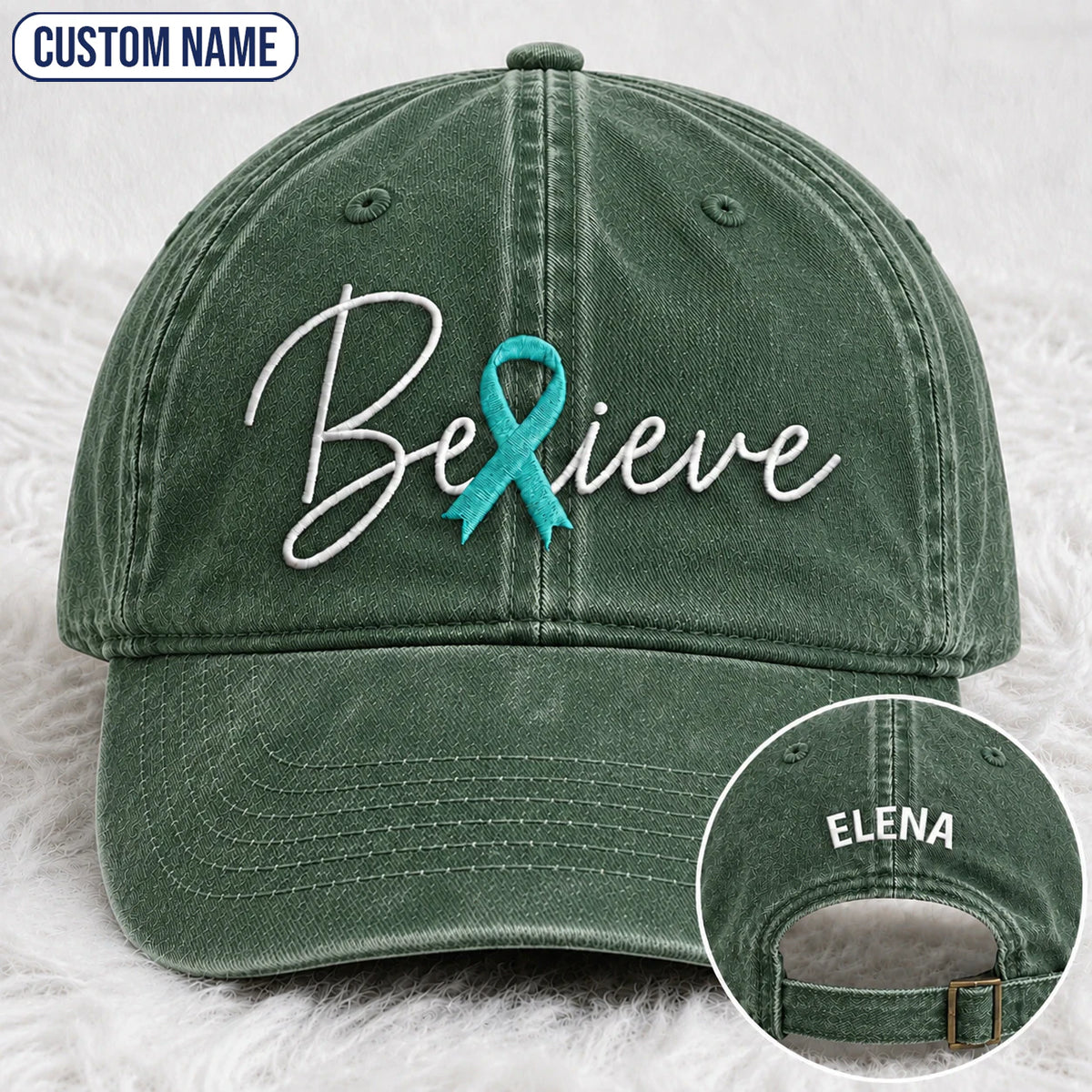 Personalized Believe Teal Ribbon Embroidered Washed Cap