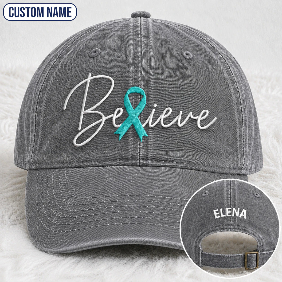 Personalized Believe Teal Ribbon Embroidered Washed Cap