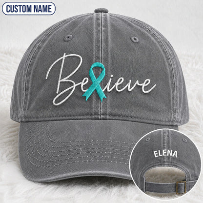 Personalized Believe Teal Ribbon Embroidered Washed Cap