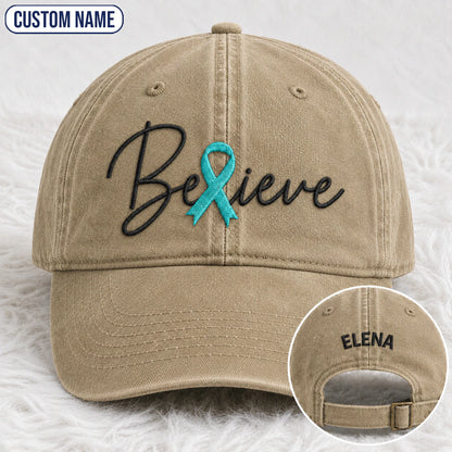 Personalized Believe Teal Ribbon Embroidered Washed Cap