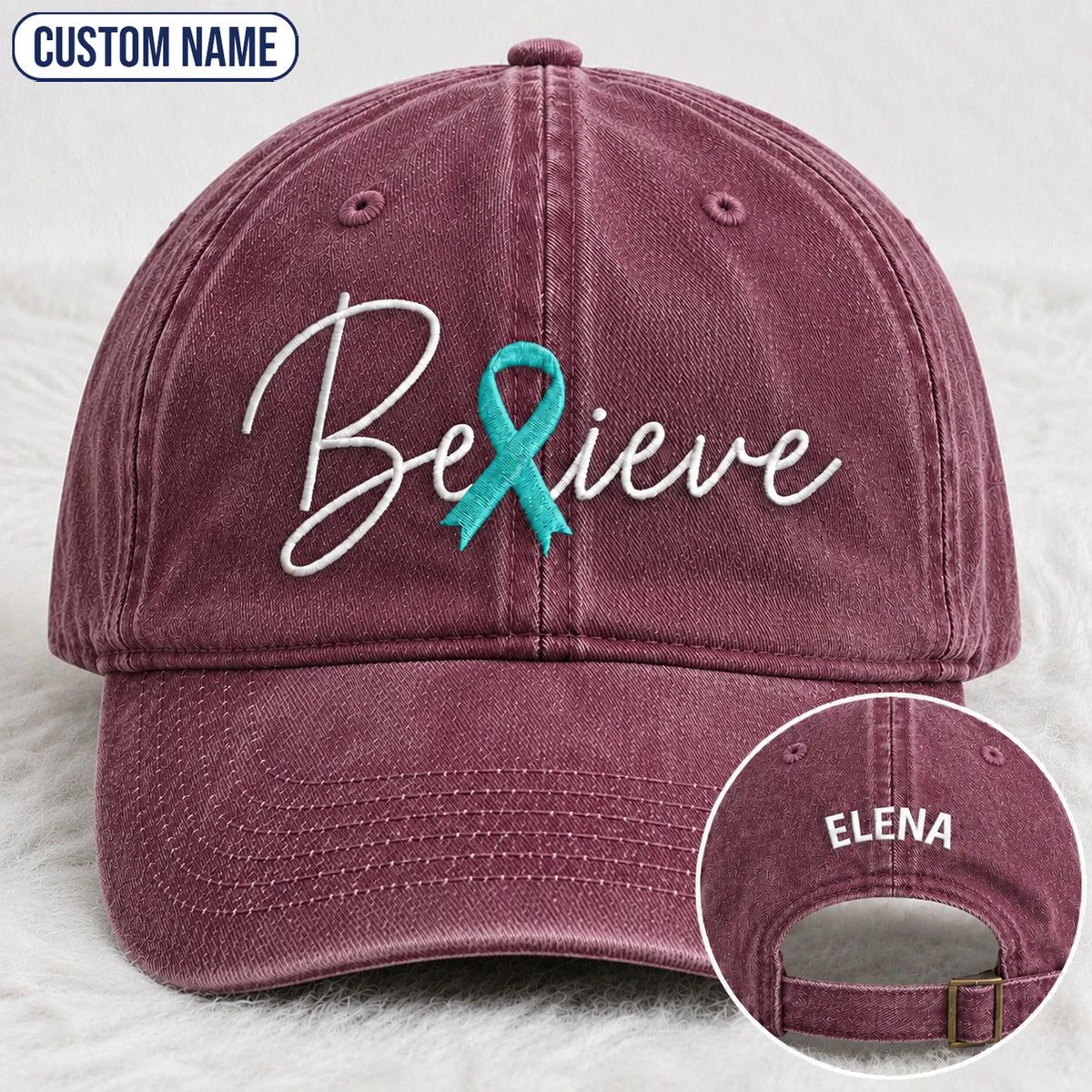 Personalized Believe Teal Ribbon Embroidered Washed Cap