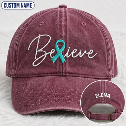 Personalized Believe Teal Ribbon Embroidered Washed Cap