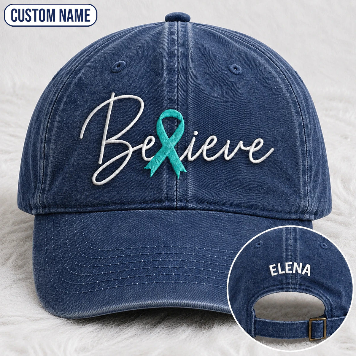 Personalized Believe Teal Ribbon Embroidered Washed Cap