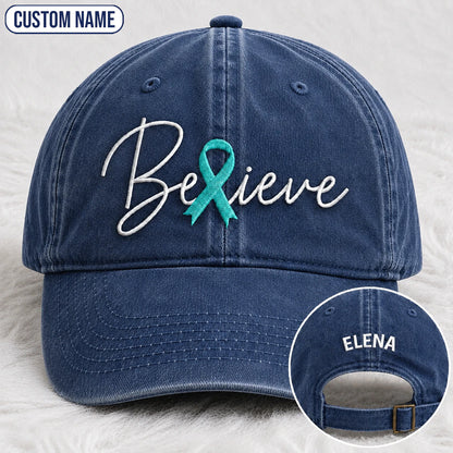 Personalized Believe Teal Ribbon Embroidered Washed Cap