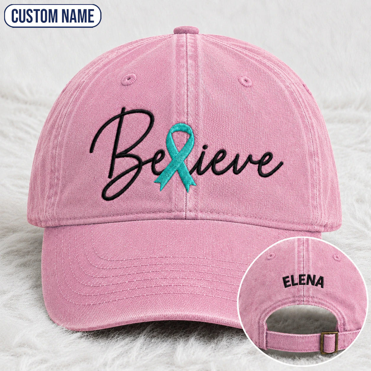 Personalized Believe Teal Ribbon Embroidered Washed Cap
