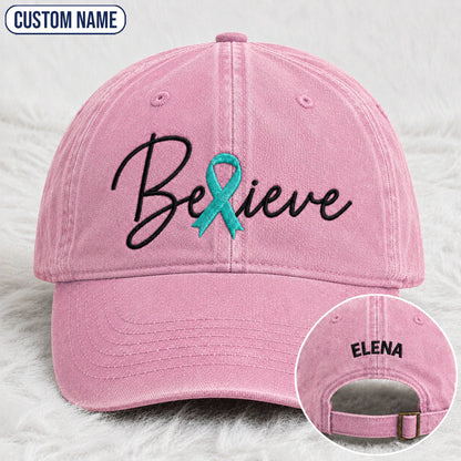 Personalized Believe Teal Ribbon Embroidered Washed Cap