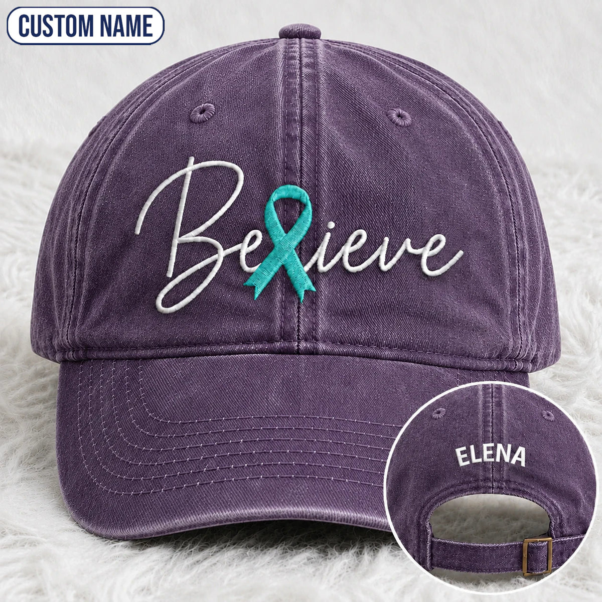 Personalized Believe Teal Ribbon Embroidered Washed Cap
