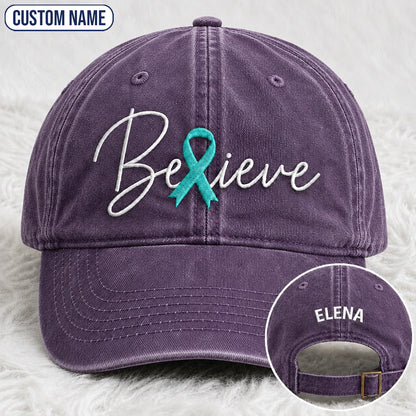 Personalized Believe Teal Ribbon Embroidered Washed Cap