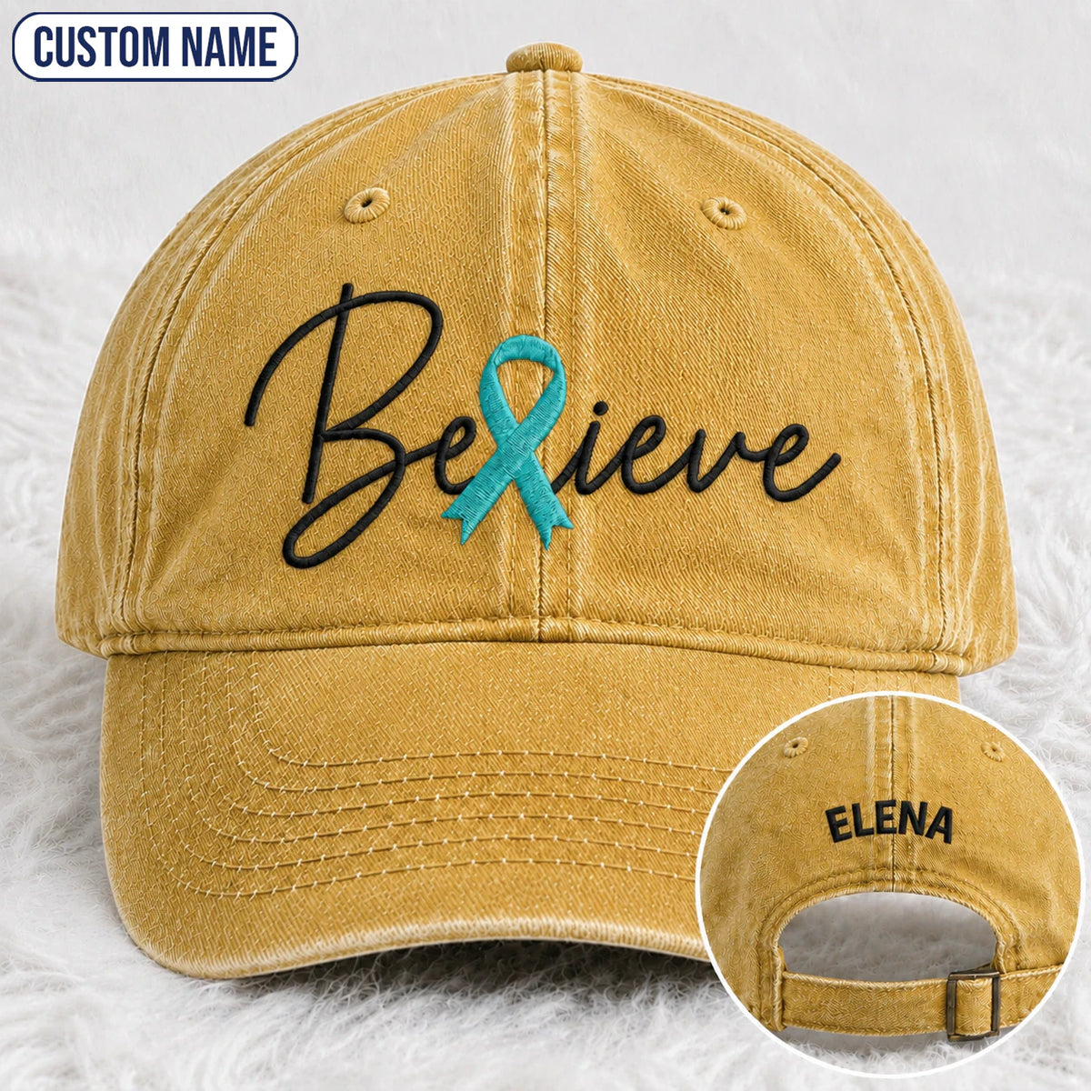 Personalized Believe Teal Ribbon Embroidered Washed Cap