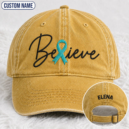 Personalized Believe Teal Ribbon Embroidered Washed Cap