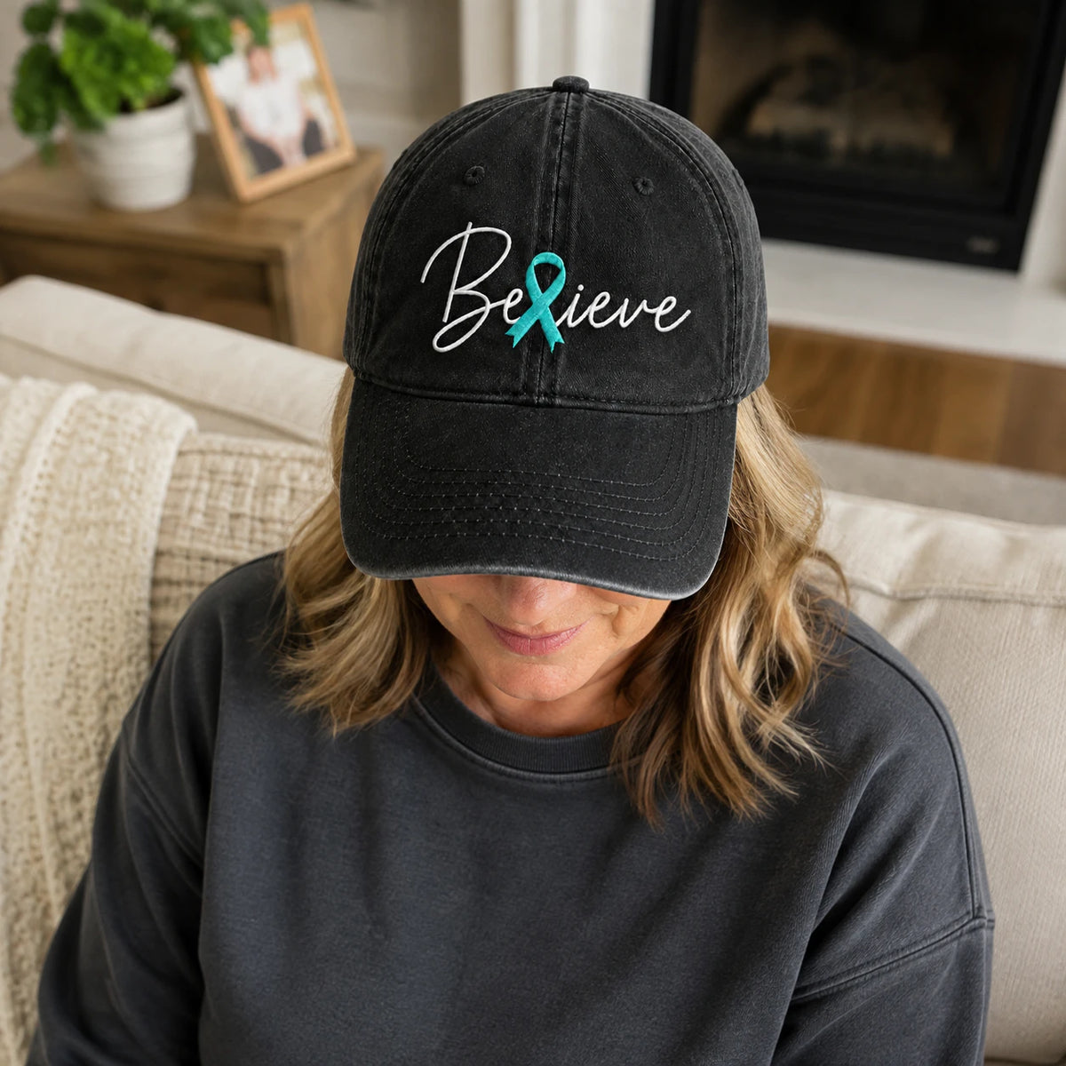 Personalized Believe Teal Ribbon Embroidered Washed Cap