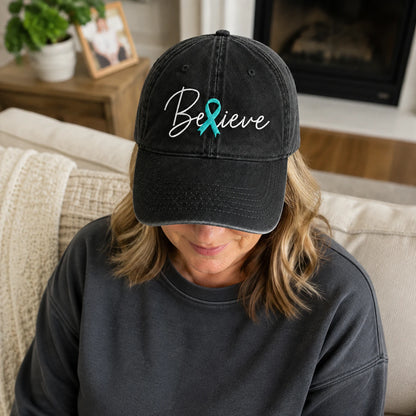 Personalized Believe Teal Ribbon Embroidered Washed Cap