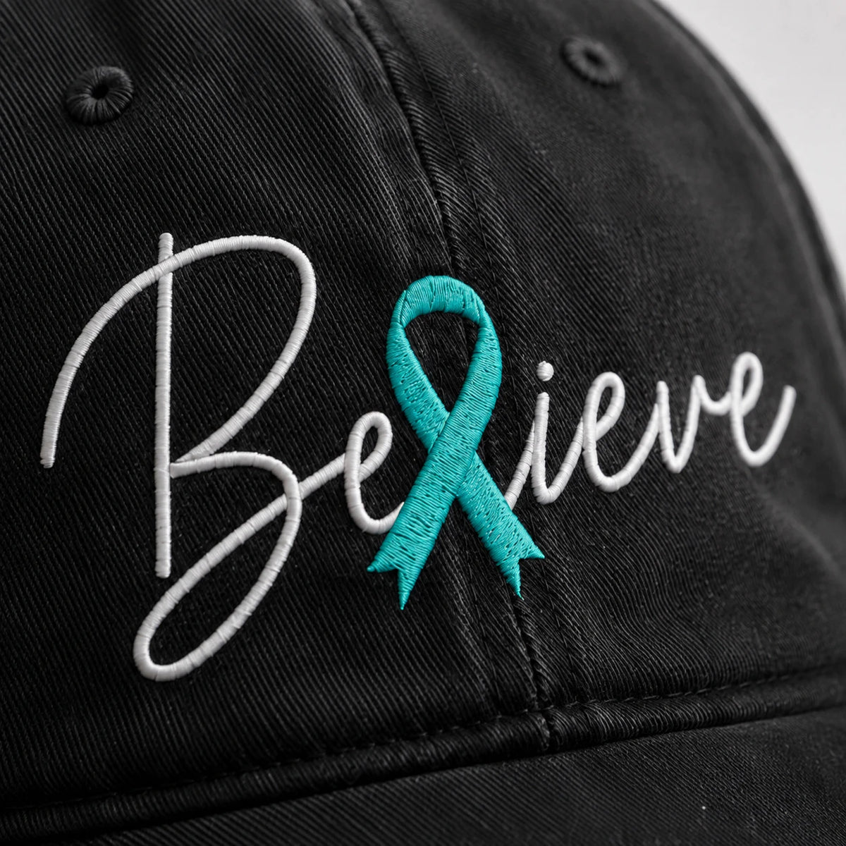 Personalized Believe Teal Ribbon Embroidered Washed Cap