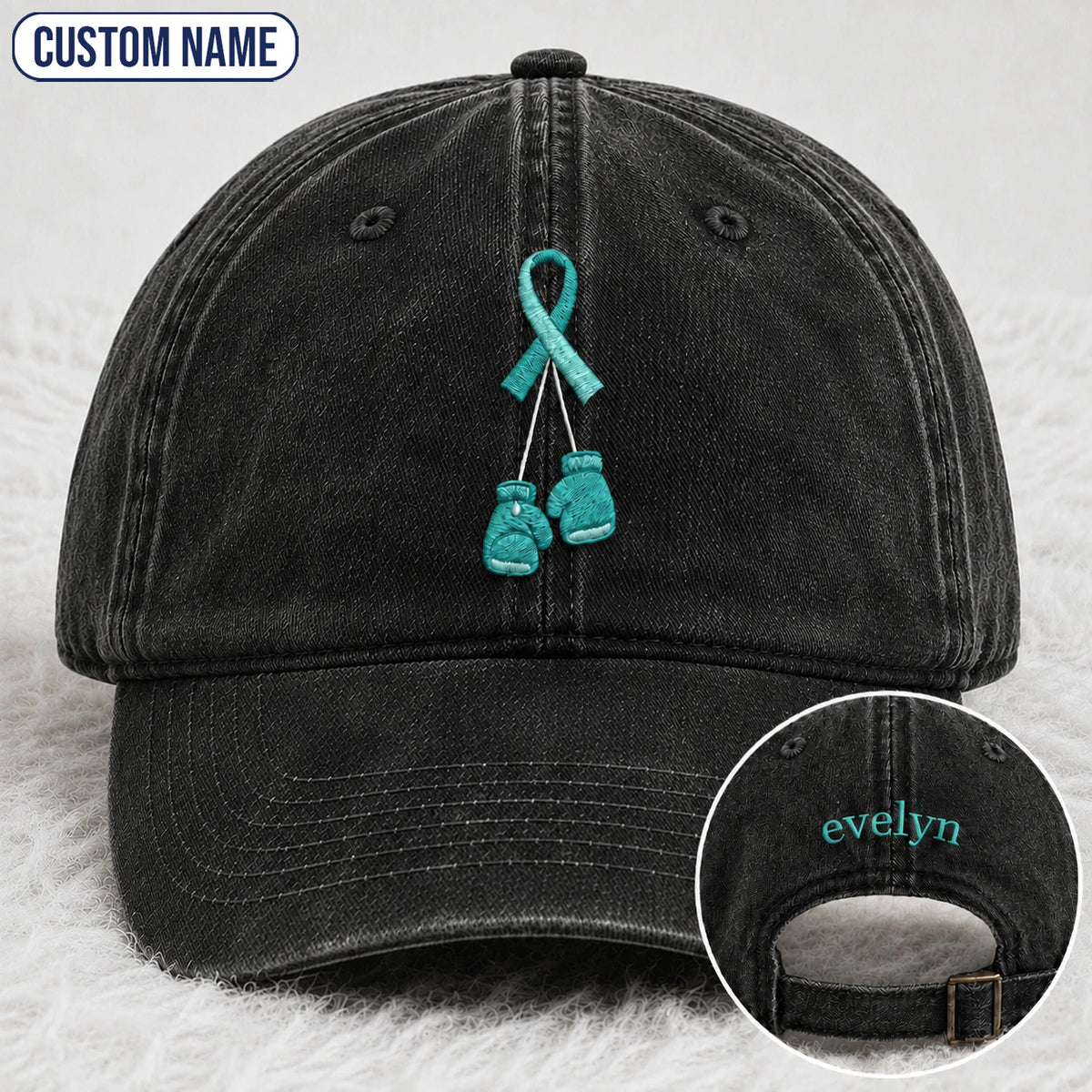 Personalized Boxing Gloves Teal Ribbon Embroidered Washed Cap