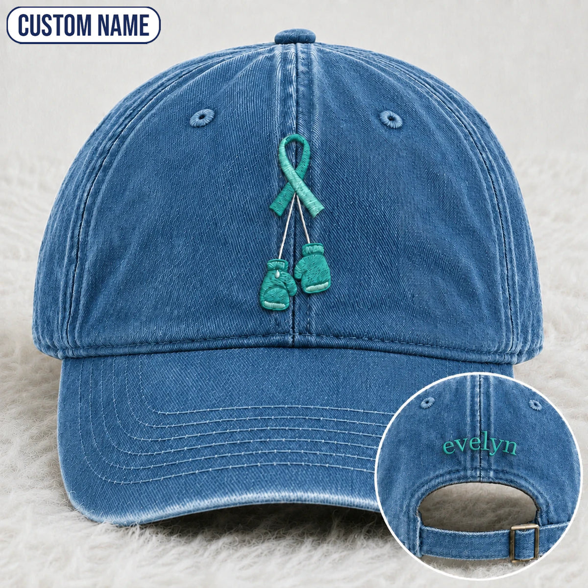 Personalized Boxing Gloves Teal Ribbon Embroidered Washed Cap