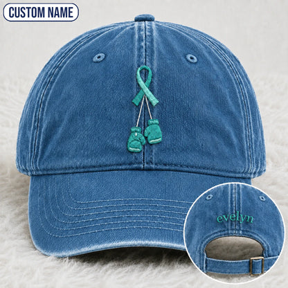 Personalized Boxing Gloves Teal Ribbon Embroidered Washed Cap