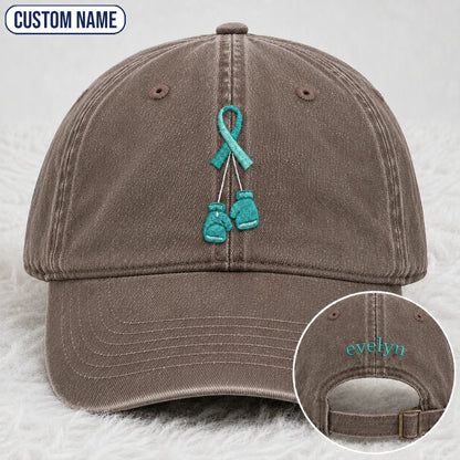 Personalized Boxing Gloves Teal Ribbon Embroidered Washed Cap