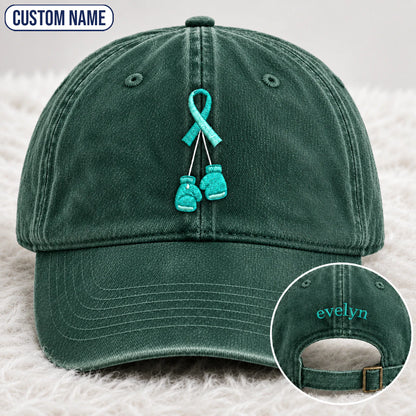 Personalized Boxing Gloves Teal Ribbon Embroidered Washed Cap