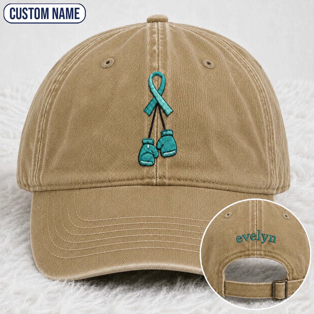 Personalized Boxing Gloves Teal Ribbon Embroidered Washed Cap