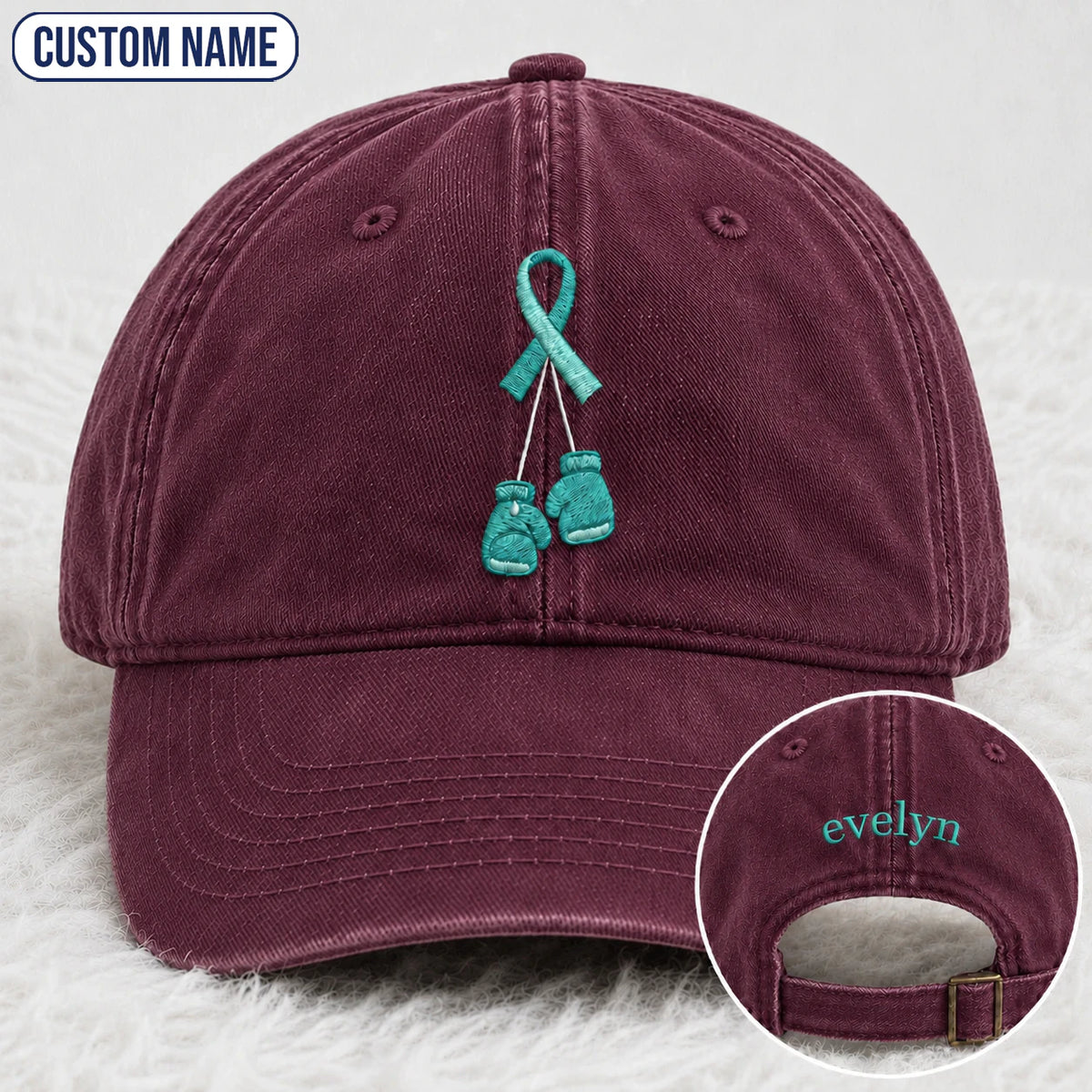 Personalized Boxing Gloves Teal Ribbon Embroidered Washed Cap
