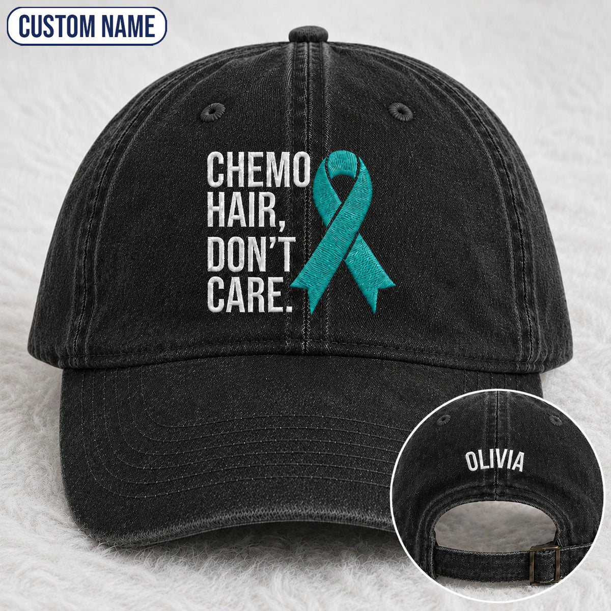 Personalized Chemo Hair Don'T Care V2 Teal Ribbon Embroidered Washed Cap