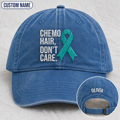 Personalized Chemo Hair Don'T Care V2 Teal Ribbon Embroidered Washed Cap