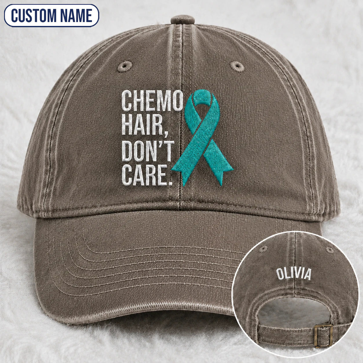 Personalized Chemo Hair Don'T Care V2 Teal Ribbon Embroidered Washed Cap