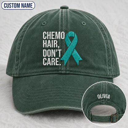 Personalized Chemo Hair Don'T Care V2 Teal Ribbon Embroidered Washed Cap