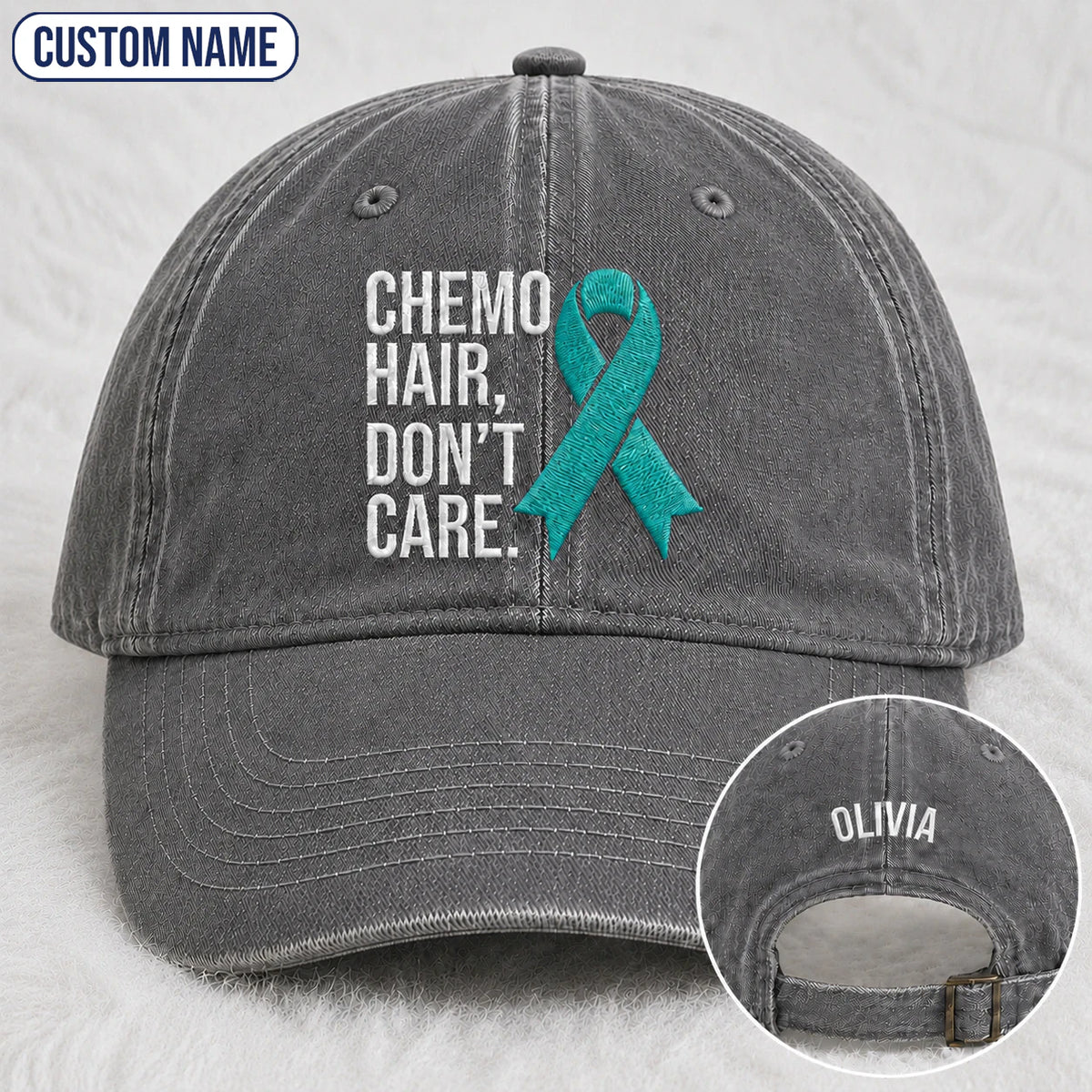 Personalized Chemo Hair Don'T Care V2 Teal Ribbon Embroidered Washed Cap